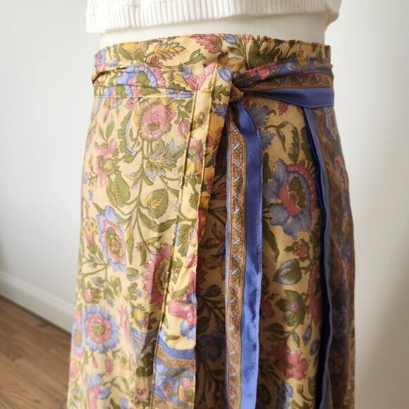 Vtg Silk Wrap Maxi Skirt Reversible Floral Yellow Multi India Sari Boho One Size - Picture 15 of 15